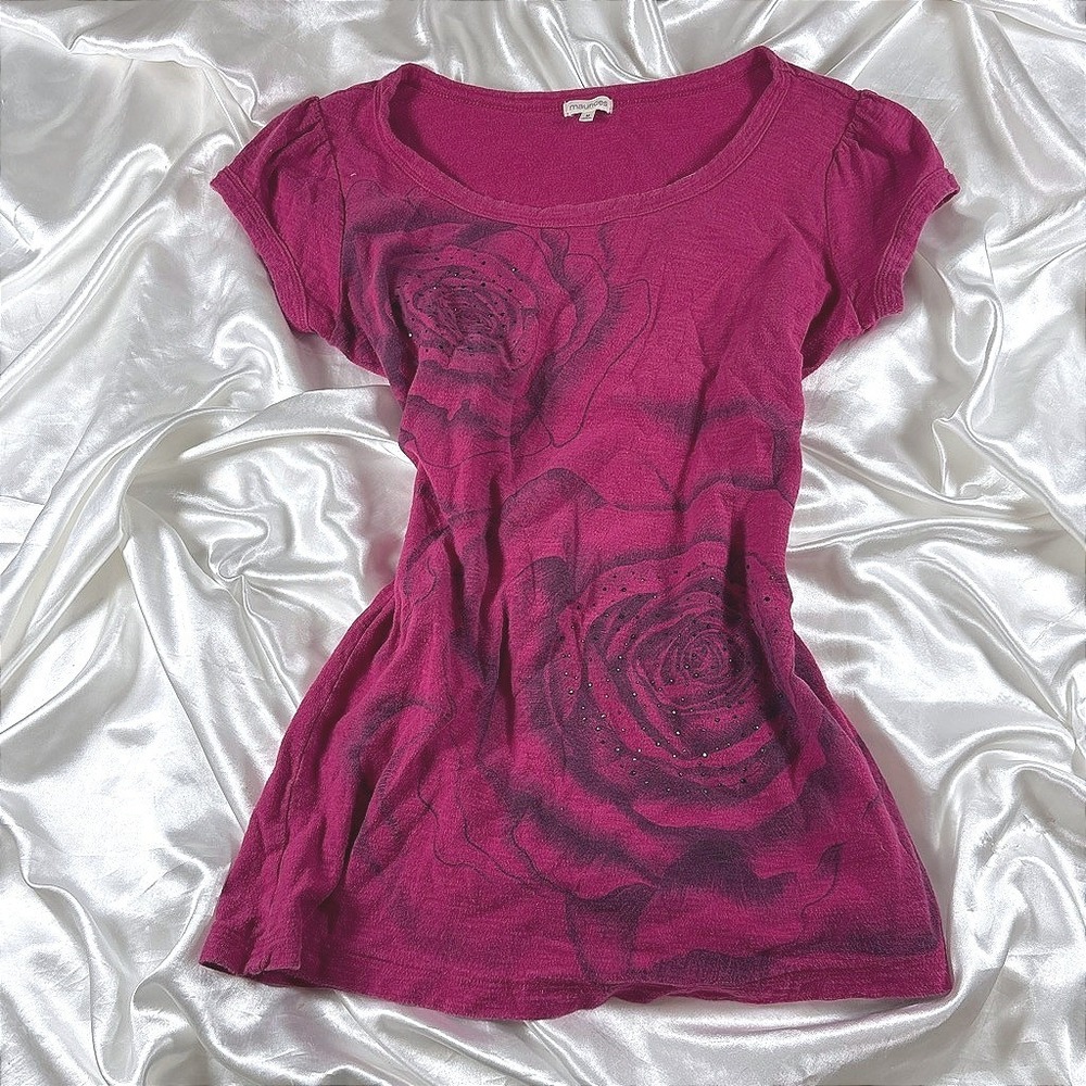y2k Maurices Top Magenta Pink Excellent Rose Graphic Rhinestone Puff Sleeve M